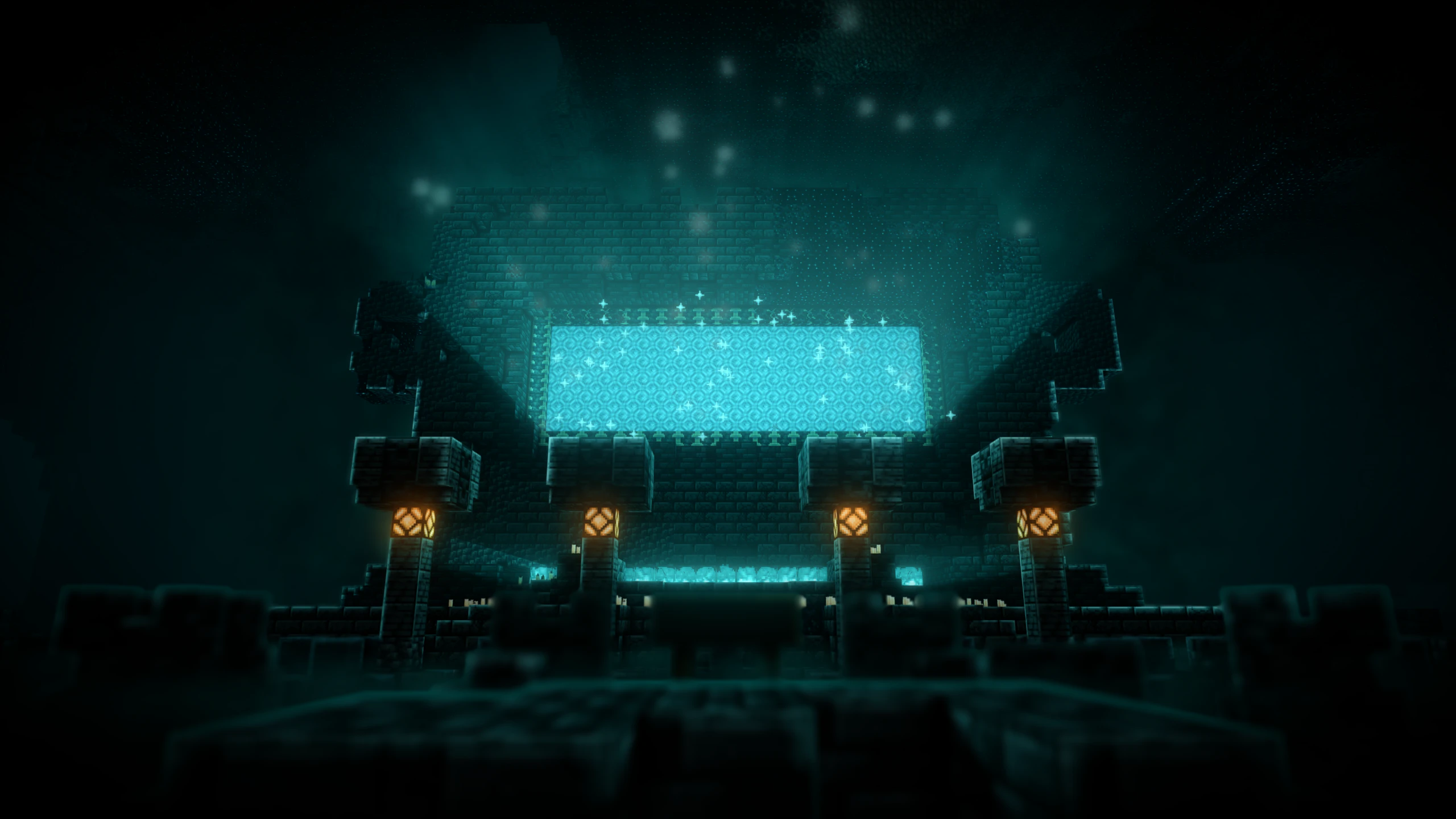 A cyan-lit Minecraft structure created by H4ppiP33p for the Vexel Build render competition